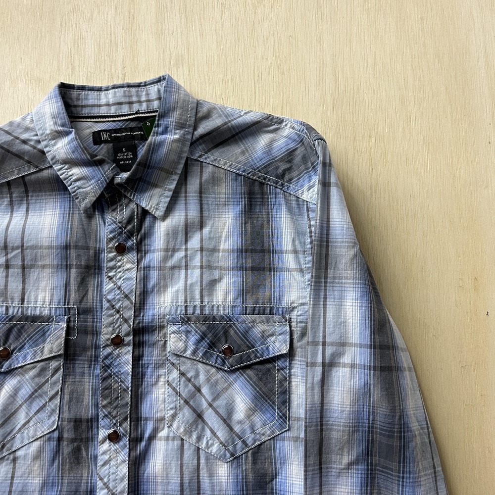 INC International Concepts Western Shirt Mens Small Plaid Long Sleeve Pearl Snap